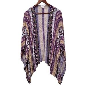 Style & Co Womens Purple Boho Mirror‎ Embroidered Kimono Wrap Cardigan Large